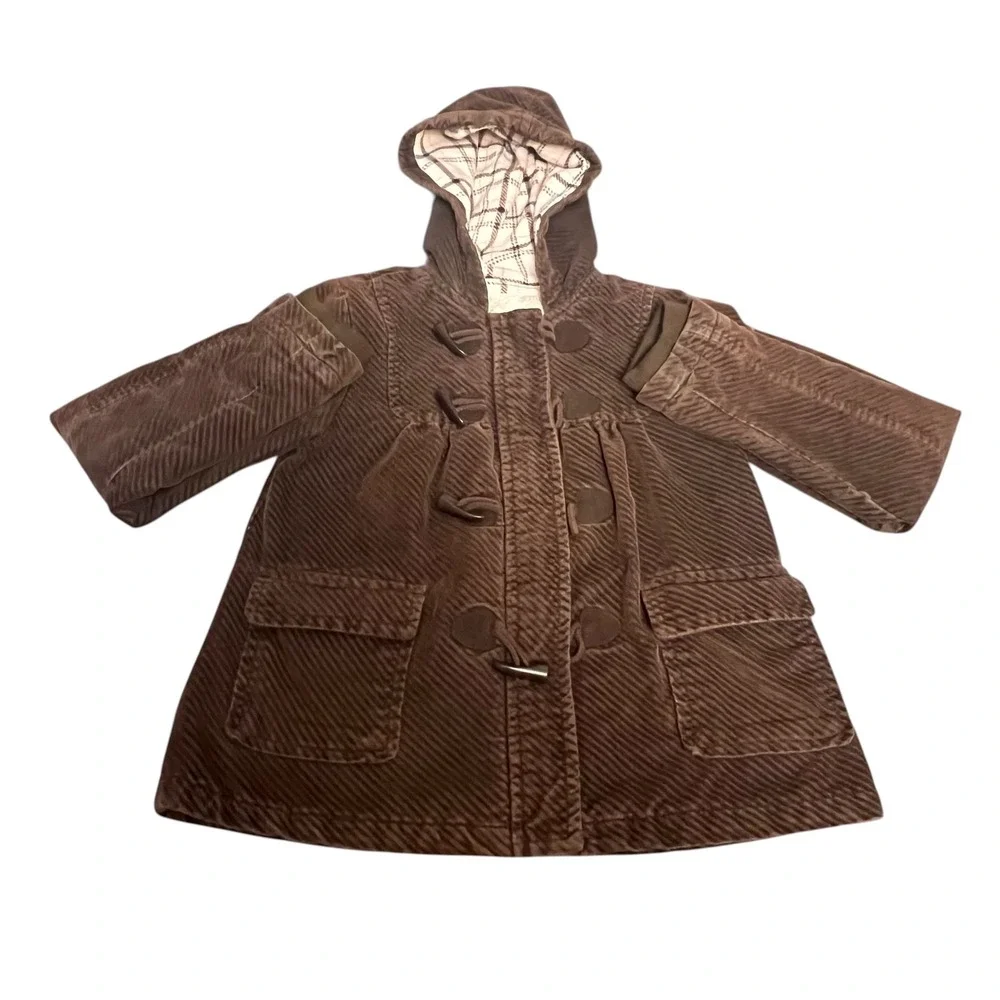 Old Navy Kids Brown Corduroy‎ Toggle Duffle Coat Hooded Plaid Fleece Lined Large